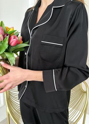Пижама  черная женская шелковая с брюками и рубашкой на пуговицах комплект для дома и сна6 фото