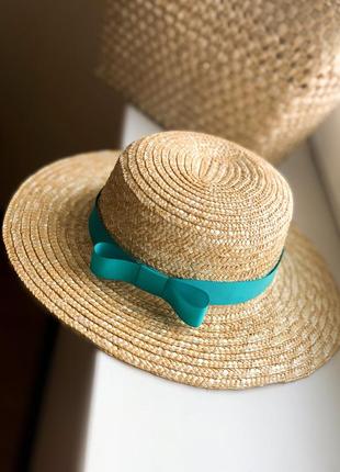 Соломенная шляпа канотье с бирюзовой лентой с полями 8 см