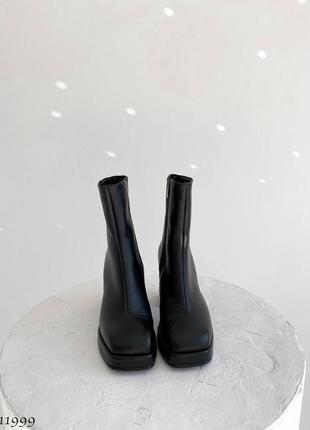 Черные натуральные кожаные демисезонные деми осенние ботильоны на высоком толстом каблуке с платформой квадратным носом кожа осень5 фото