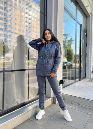 Теплый костюм тройка жилетка безрукавка с капюшоном худи на молнии толстовка кенгуру брюки штаны джоггеры на резинке графит бордо морская волна синий