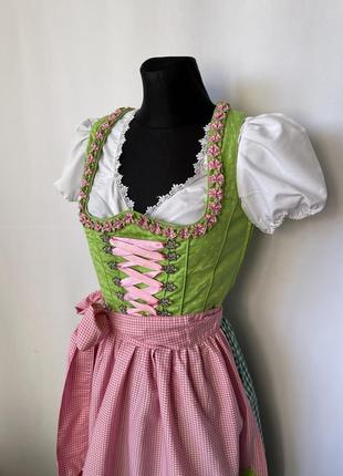 Дирндль баварский костюм народное платье сарафан с фартуком передником салатовый розовый октоберфест