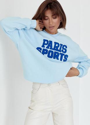 Свитшот женский теплый на флисе с надписью paris sports, голубой9 фото
