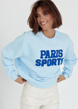 Свитшот женский теплый на флисе с надписью paris sports, голубой8 фото