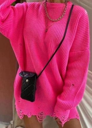 Свитер женский оверсайз вязаный качественный стильный туреченица малиновый электрик2 фото