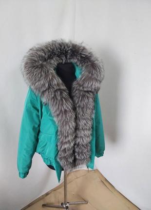 Зимова куртка, бомбер з натуральним хутром фінської чорнобурки в натуральному забарвленні3 фото