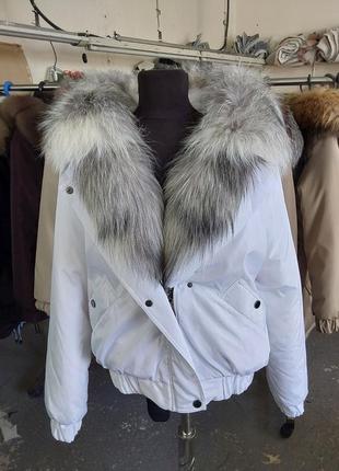 Зимняя куртка, бомбер с натуральным мехом лисы арктика6 фото