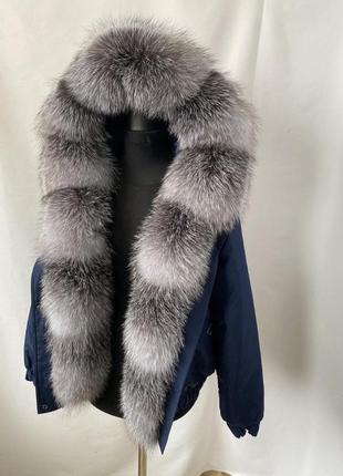 Зимняя куртка, бомбер с натуральным трендовым мехом bluefrost блюфрост в серебристой расцветке1 фото