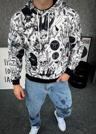 Белое мужское худи оверсайз с принтами