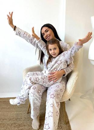 Комплект для сна пижама для мамы и дочки из двусторонней махры кофта свободного кроя прямые брюки принт звезды теплый костюм серый бордовый family look