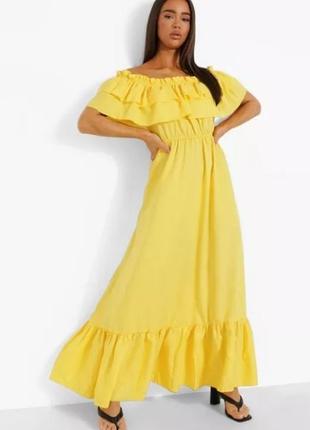 Желтое макси платье с открытыми плечами