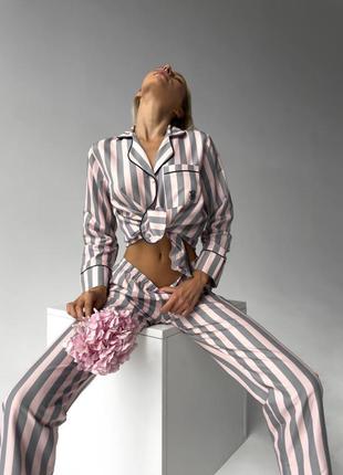 Жіноча котонова піжама в стилі vs в смужку рожева  сорочку штани хлопок котон рубашка сікрет4 фото