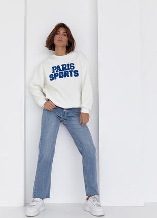 Теплый свитшот на флисе с надписью paris sports - молочный цвет, m (есть размеры)3 фото