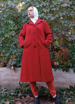 Пальто красное шерсть винтаж пальто теплое xl+-