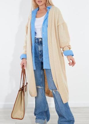 Удлиненный кардиган миди оверсайз черный красный бордовый розовый синий бежевый молочный вязанный без застёжек накидка мантия хлопок батал