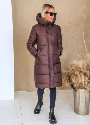 Куртка женская зимняя длинная с капюшоном мокко плащевка на синтепоне размер s, m, l | куртка зимняя плащевка6 фото