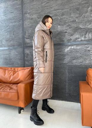 Куртка пальто эко кожа зима с капюшоном поясом длинное черное беж мягко2 фото