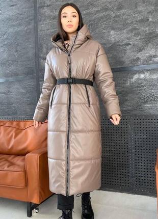 Куртка пальто еко шкіра зима з капюшоном поясом довге чорне беж мокко
