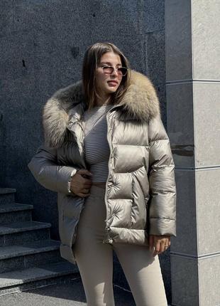 Зимняя теплая куртка пуховик с мехом чернобурки на капюшоне холлофайбер7 фото