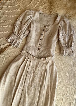 Костюм льняний вінтаж з мереживом бежевий