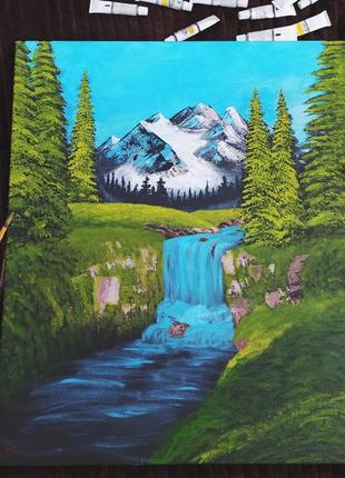 Картина водоспад, гори, ліс