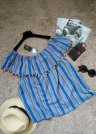 Полосатая хлопковая блузка в этно стиле/блуза с открытыми плечами/кофточка/топ