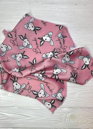 Красивый женский платок аксессуар материал атлас цвет розовый принт милые кролики5 фото