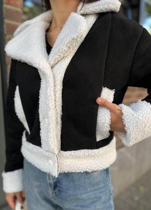Дубленка с мехом короткая женская белая размер s, m, l, xl | куртка женская барашек теплая7 фото