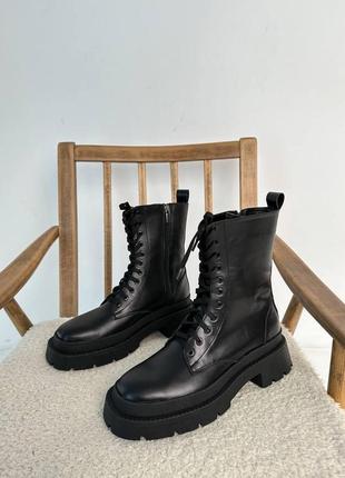 Берцы женские высокие зимние кожаные черные, ботинки зимние квадратная подошва7 фото