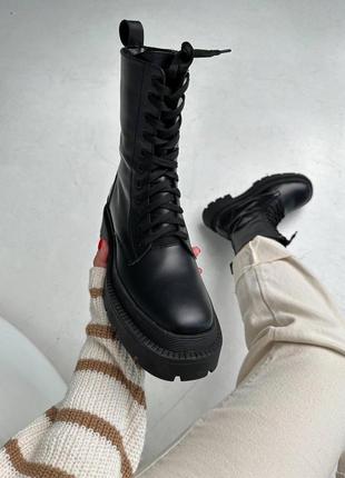 Берцы женские высокие зимние кожаные черные, ботинки зимние квадратная подошва4 фото