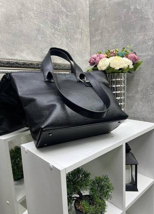 Натуральная кожа, большая черная сумка шоппер с длинными ручками5 фото