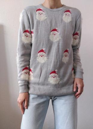 Серый свитер санта клаус джемпер пуловер реглан лонгслив кофта серая blue motion милый свитер новогодний