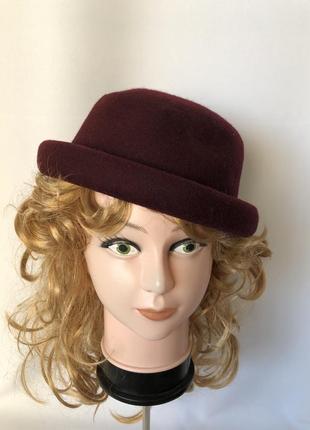 Бордовая шляпа котелок с загнутыми полями винтаж фетр4 фото