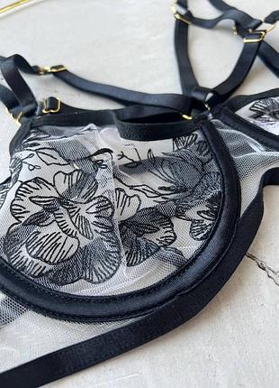 Звабливий прозорий набір білизни з вишивкою, комплект білизни бюст на кісточках, пояс...