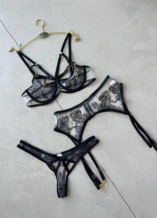 Звабливий прозорий набір білизни з вишивкою, комплект білизни бюст на кісточках, пояс...
