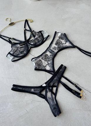 Звабливий прозорий набір білизни з вишивкою, комплект білизни бюст на кісточках, пояс...