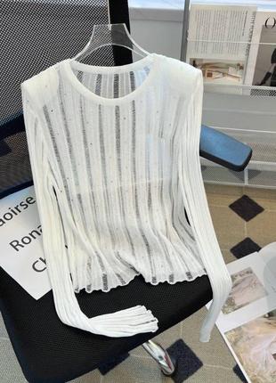 Кофта лонгслив полупрозрачная оверсайз со стразами в полоску