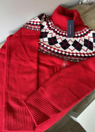Красный вязаный свитер xl tommy hilfiger оригинал теплый джемпер гольф кофта5 фото