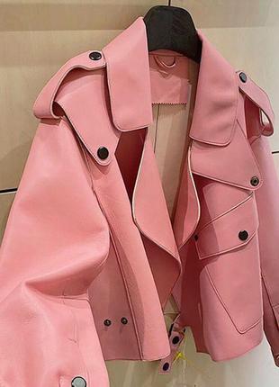 Куртка косуха короткая розовая эко кожа5 фото