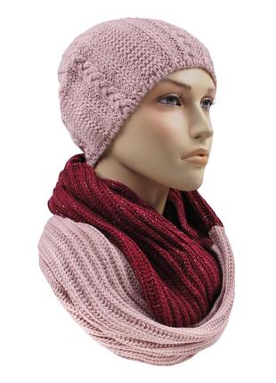 Вязаный комплект зимняя тёплая шапка и шарф снуд хомут женский к61 фото