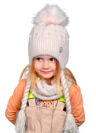 Зимняя детская вязаная шапка р.52-56 зефир с помпоном завязками 7 цветов5 фото