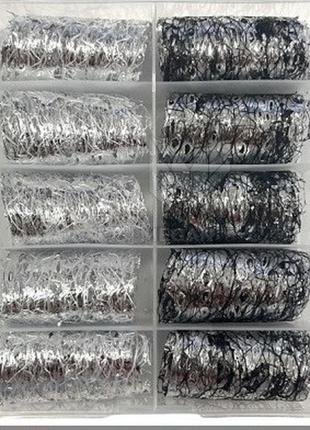 Набор фольги-сетки с алюминиевыми нитямии 3d для дизайна ногтей- серебро3 фото