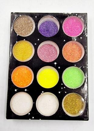 Декоративні блискітки гліттер для нігтів, нейл-арт набір 12 кольорів