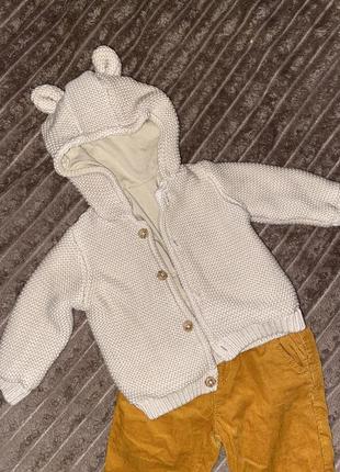 Бежевый кардиган свитер детский с ушками 3-6 месяцев 62-68 см