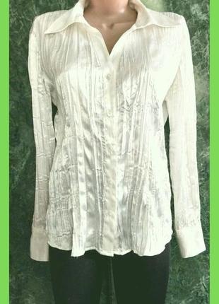 Эффектная атласная белая блуза рубашка женская жатка р.40 м1 фото