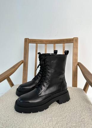 Ботинки зима деми осень натуральная кожа на шнурках черные на высокой подошве платформе танкетке4 фото