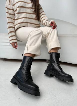 Ботинки зима деми осень натуральная кожа на шнурках черные на высокой подошве платформе танкетке2 фото