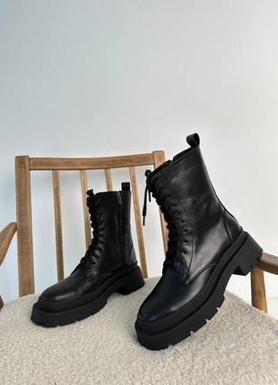 Ботинки зима деми осень натуральная кожа на шнурках черные на высокой подошве платформе танкетке9 фото