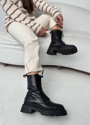 Ботинки зима деми осень натуральная кожа на шнурках черные на высокой подошве платформе танкетке6 фото