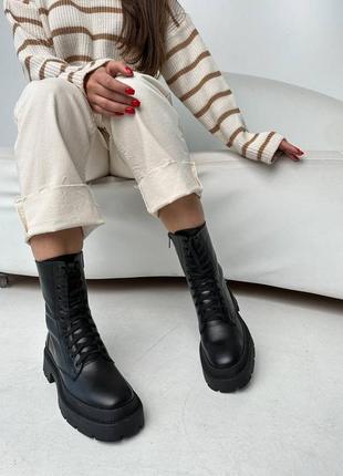 Ботинки зима деми осень натуральная кожа на шнурках черные на высокой подошве платформе танкетке3 фото