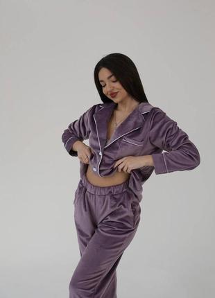 Велюровая пижама брюки рубашка и резинка для волос2 фото